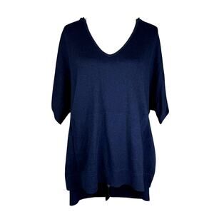 Caroline Grace NWT Navy Hooded Pocket Short Sleeve Cashmere Blend Knit Sweater
